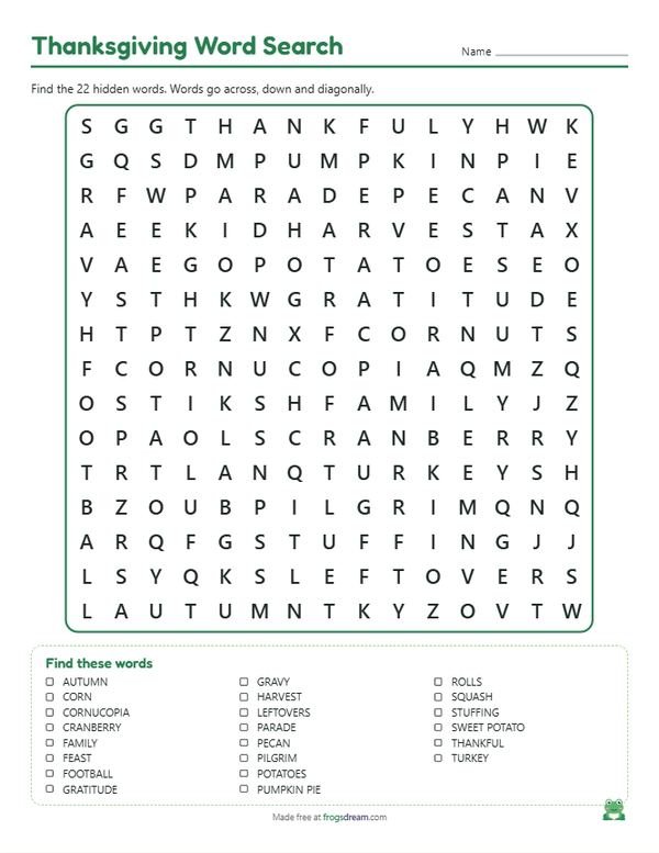 Thanksgiving Word Search: free printable word search puzzle from frogsdream