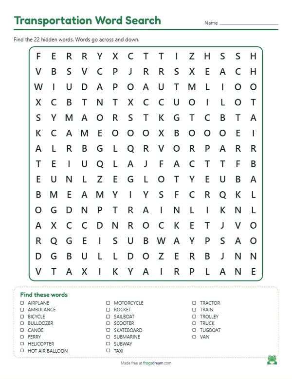 Transportation Word Search: free printable word search puzzle from frogsdream