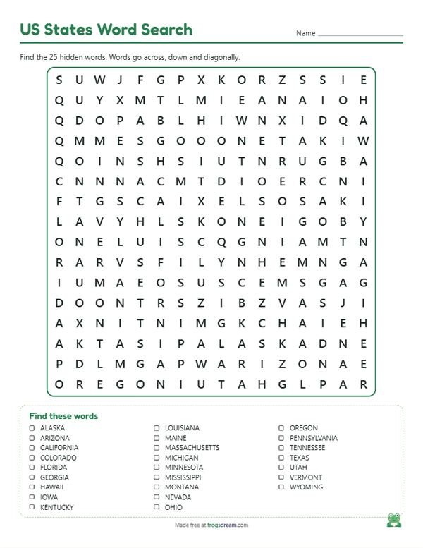 US States Word Search: free printable word search puzzle from frogsdream