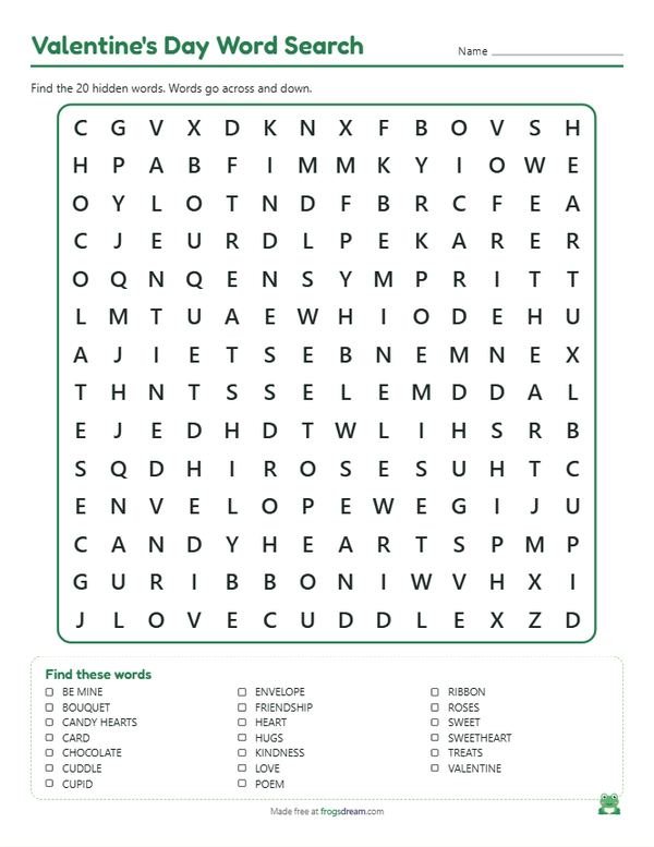 Valentine's Day Word Search: free printable word search puzzle from frogsdream
