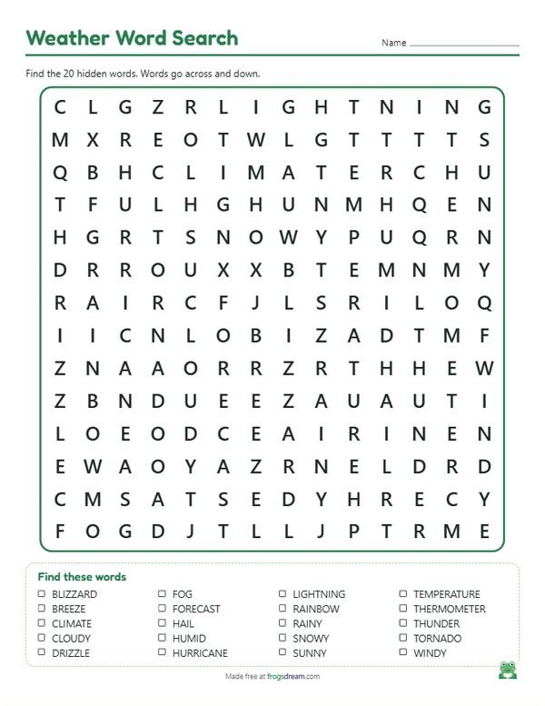 Weather Word Search: free printable word search puzzle from frogsdream