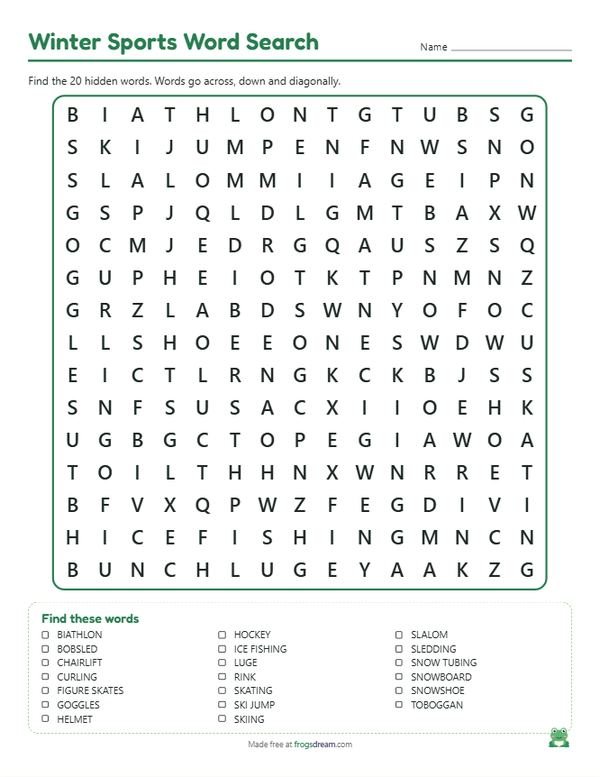 Winter Sports Word Search: free printable word search puzzle from frogsdream