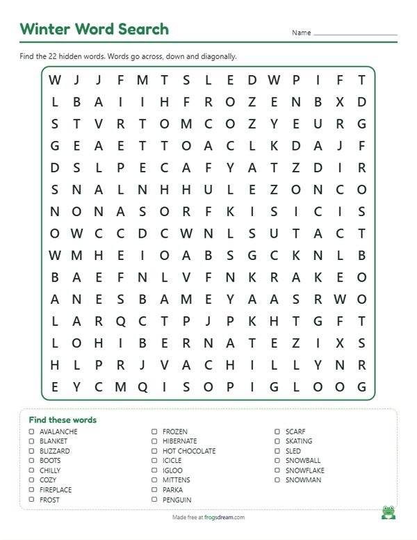 Winter Word Search: free printable word search puzzle from frogsdream